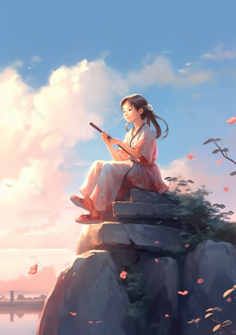 蓝色中国风女孩坐石头小清新插画,插画/手绘图,插画/手绘图库,插画/手绘图下载,插画/手绘